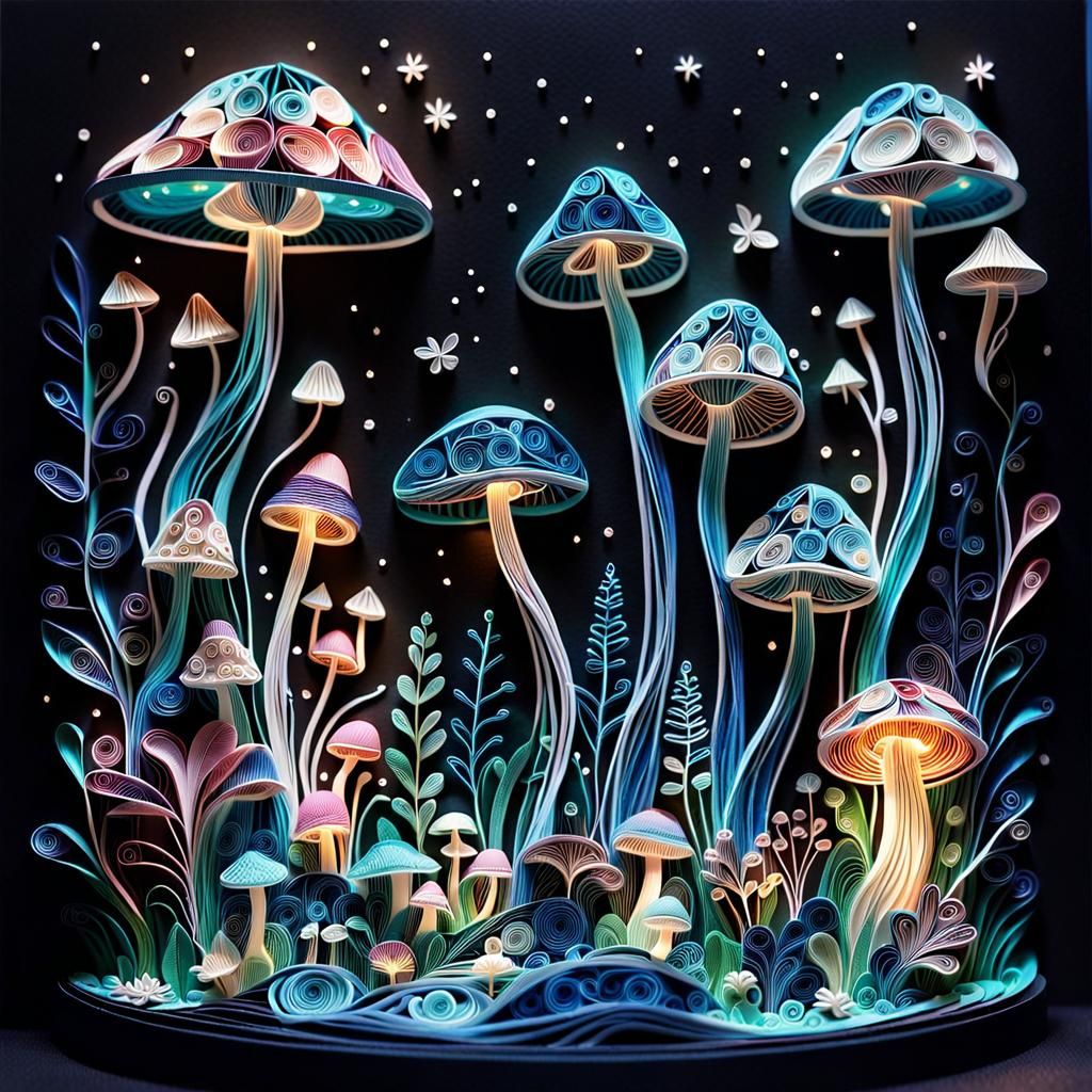 Bioluminescent Quilled Paper Mushroom Forest