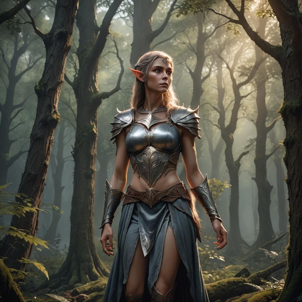 Heroic Elf Princess in Mystical Forest, Digital Art
