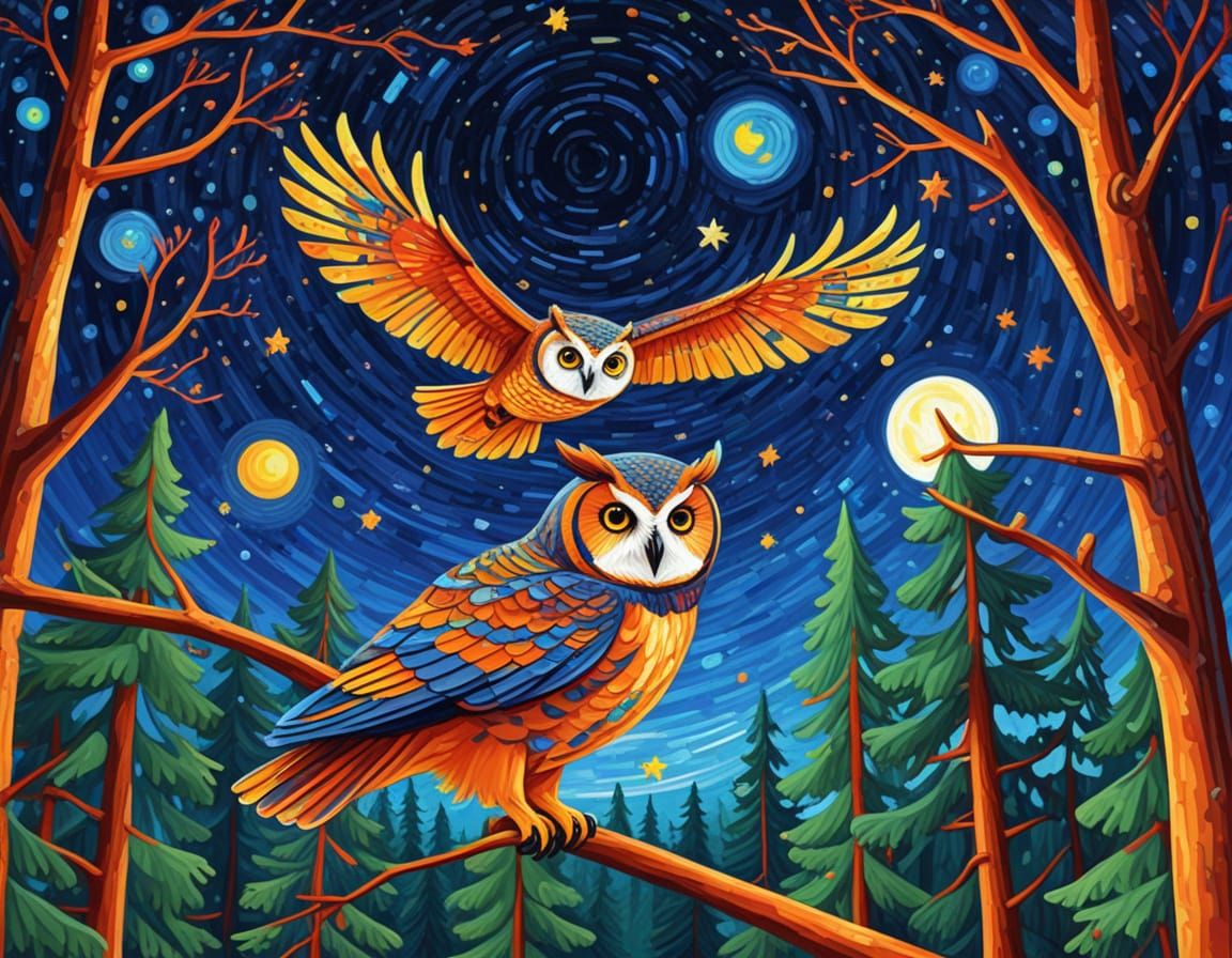 Vibrant Fauvist Owls Soar Under Starry Binary Woods Sky