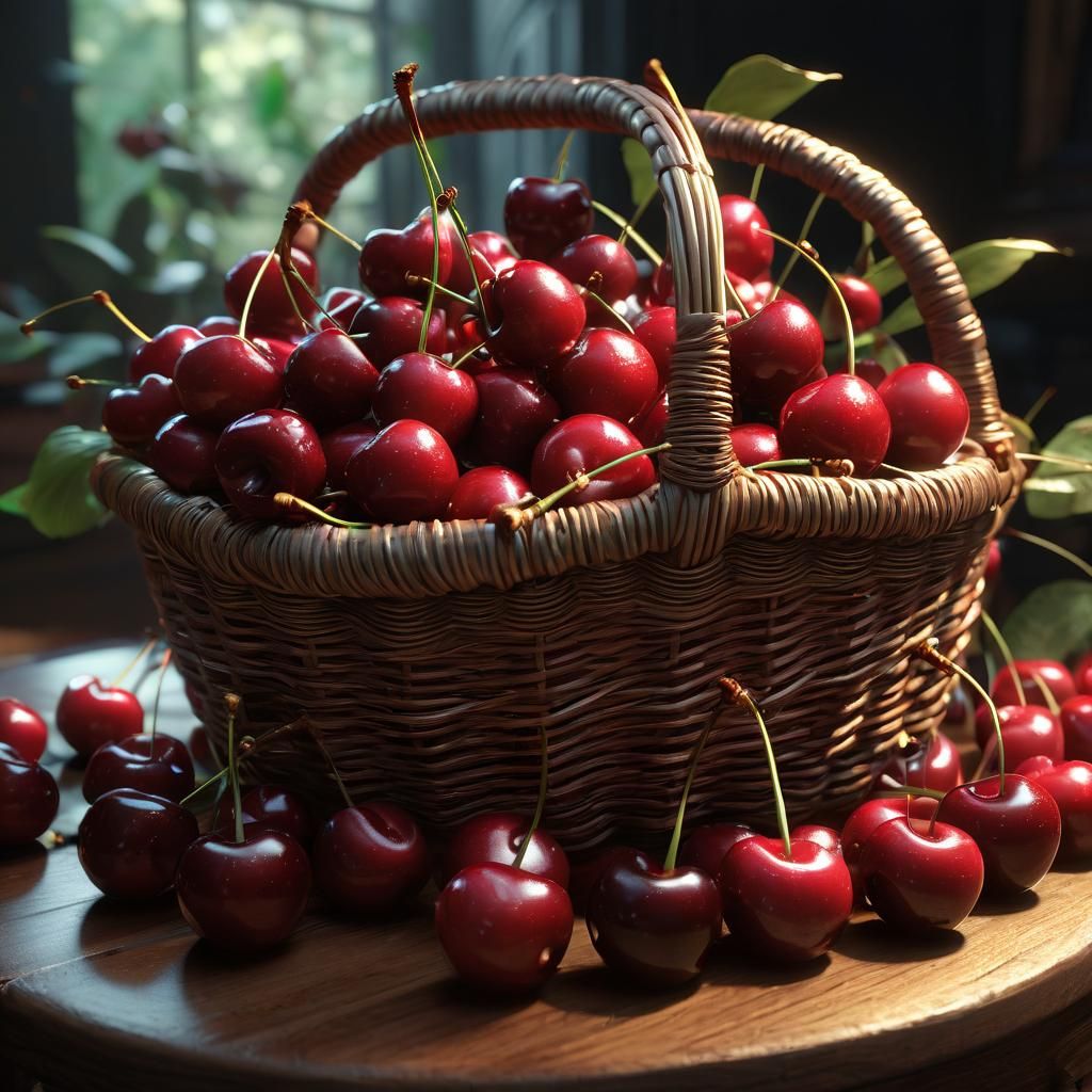 Hyperrealistic Cherries in Basket, Art Nouveau Style