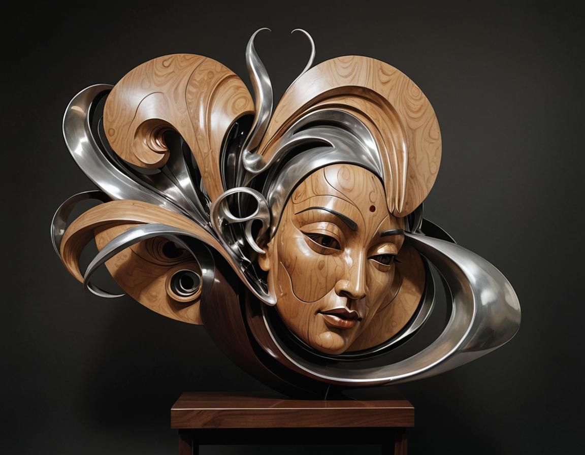 Exquisite Abstract Sculpture in Polished Wood and Silver