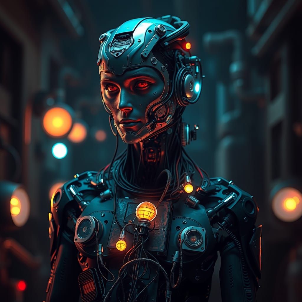 Biomechanical Cyborg with Intricate Lamps in Sci-Fi Art