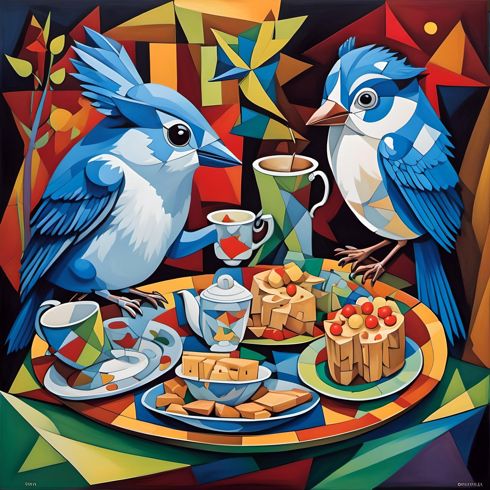 Blue Jay and Hamster Tea Party in Cubist Style