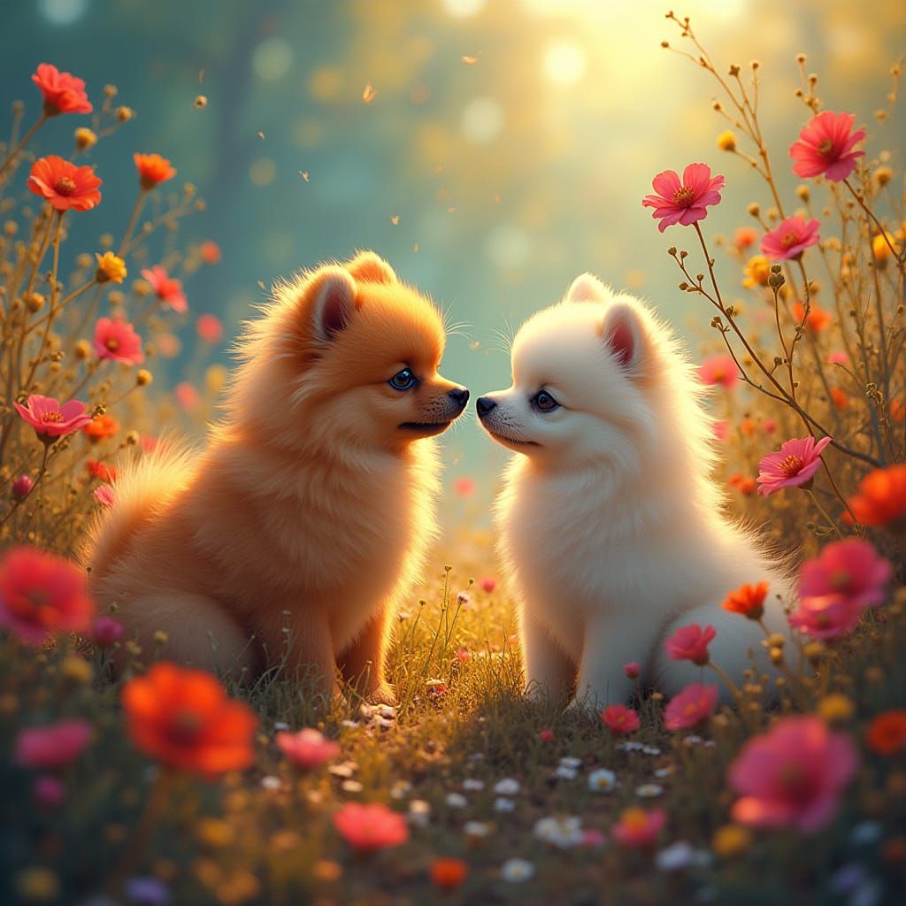 Pomeranians and Bichon Frises Play Among Flowers