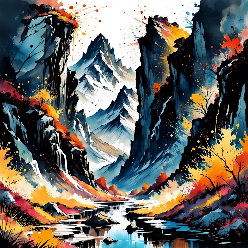 Autumnal Mountainscape in Digital Splatter Ink Style