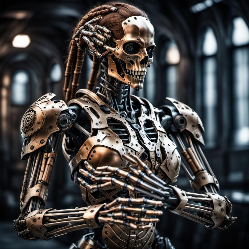 Hyperrealistic Female Cyborg with Bronze Arms