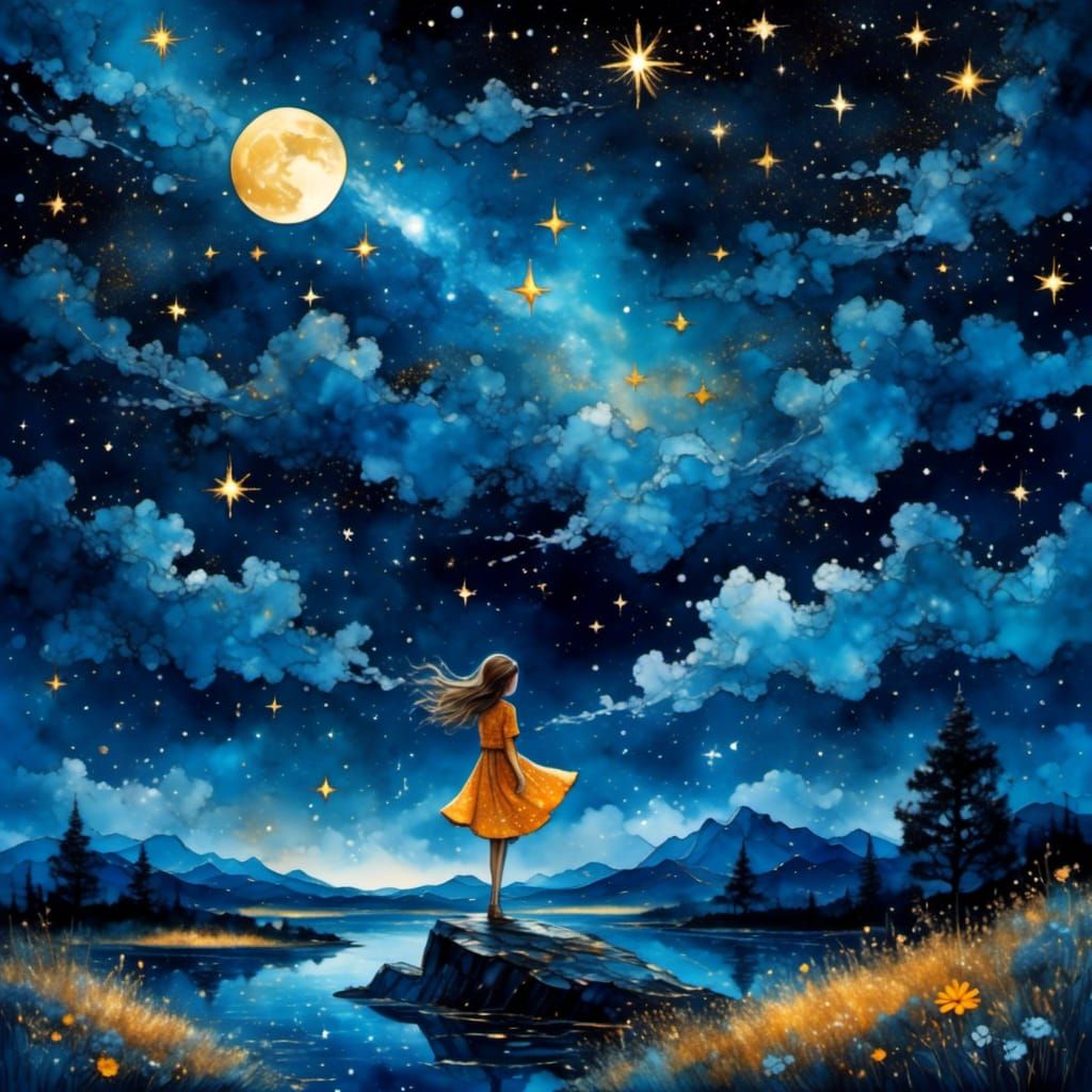 Celestial Night Sky: Girl Writing in Book