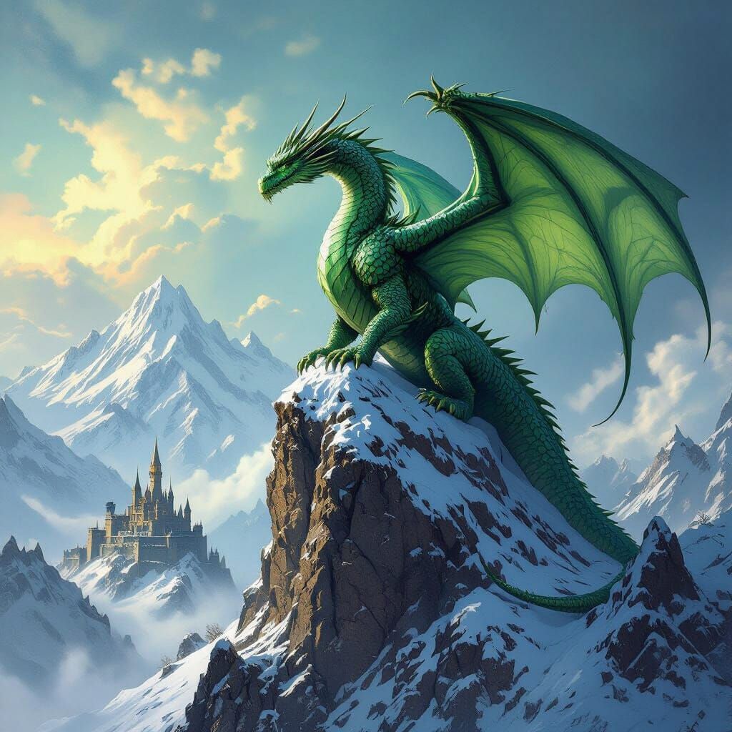 Emerald Dragon Perched on Snowy Peak