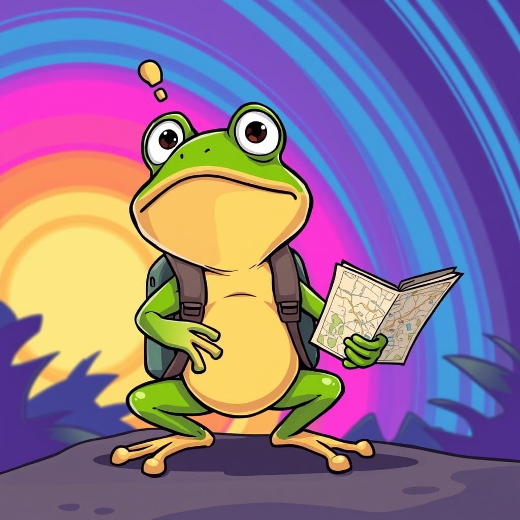 Confused Cartoon Frog with Backpack and Map