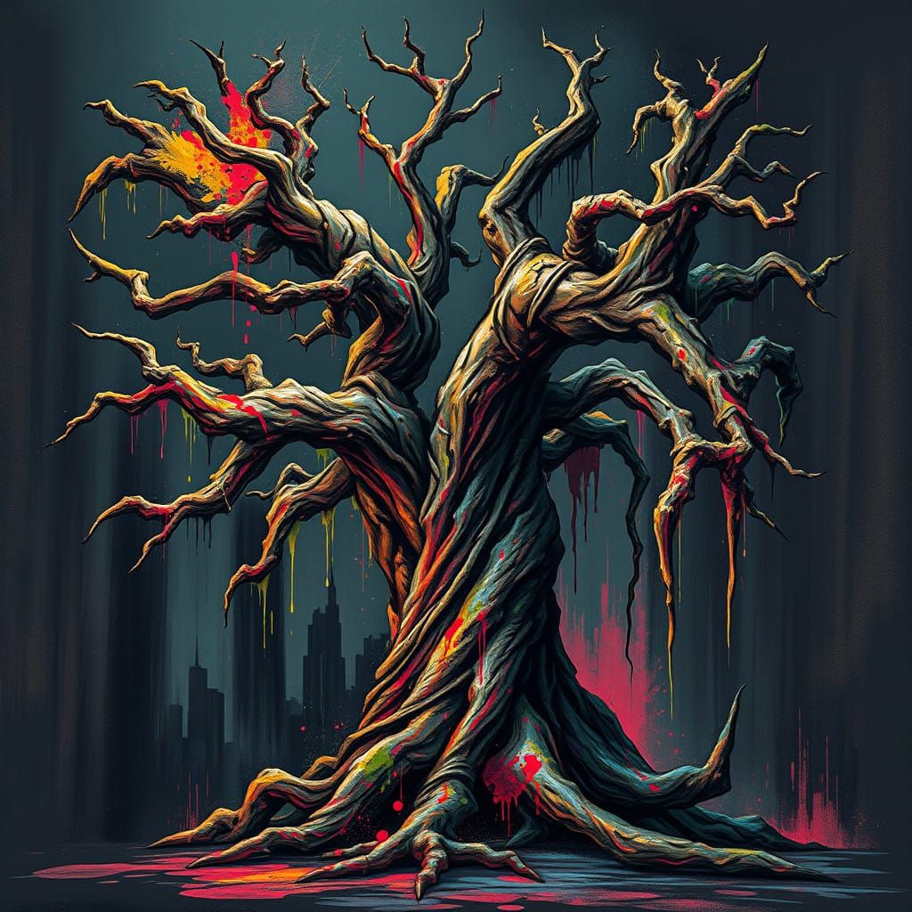 Surreal Hellish Tree in Vibrant Graffiti Style