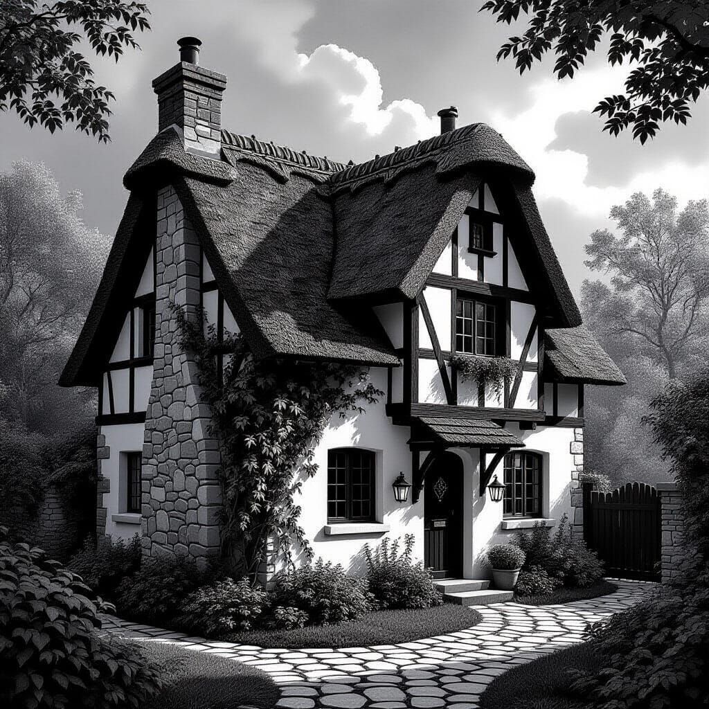 Whimsical Black and White Cottage House in Chiaroscuro Style