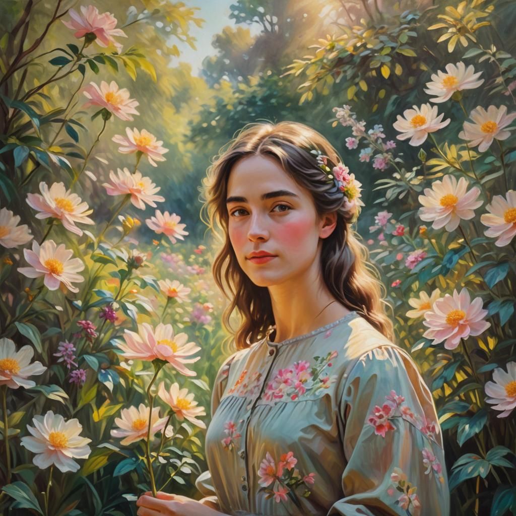 Woman with Flower in Lush Garden, Oil Painting