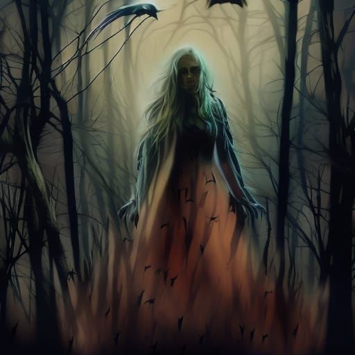 Hyperrealistic Woman in Creepy Woods with Crows