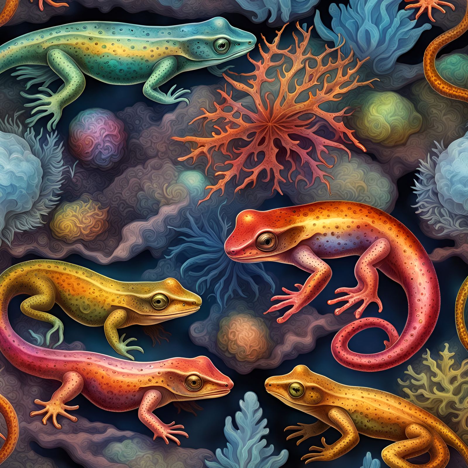Colorful Salamanders on a Beach: Holographic Astral Illustra...