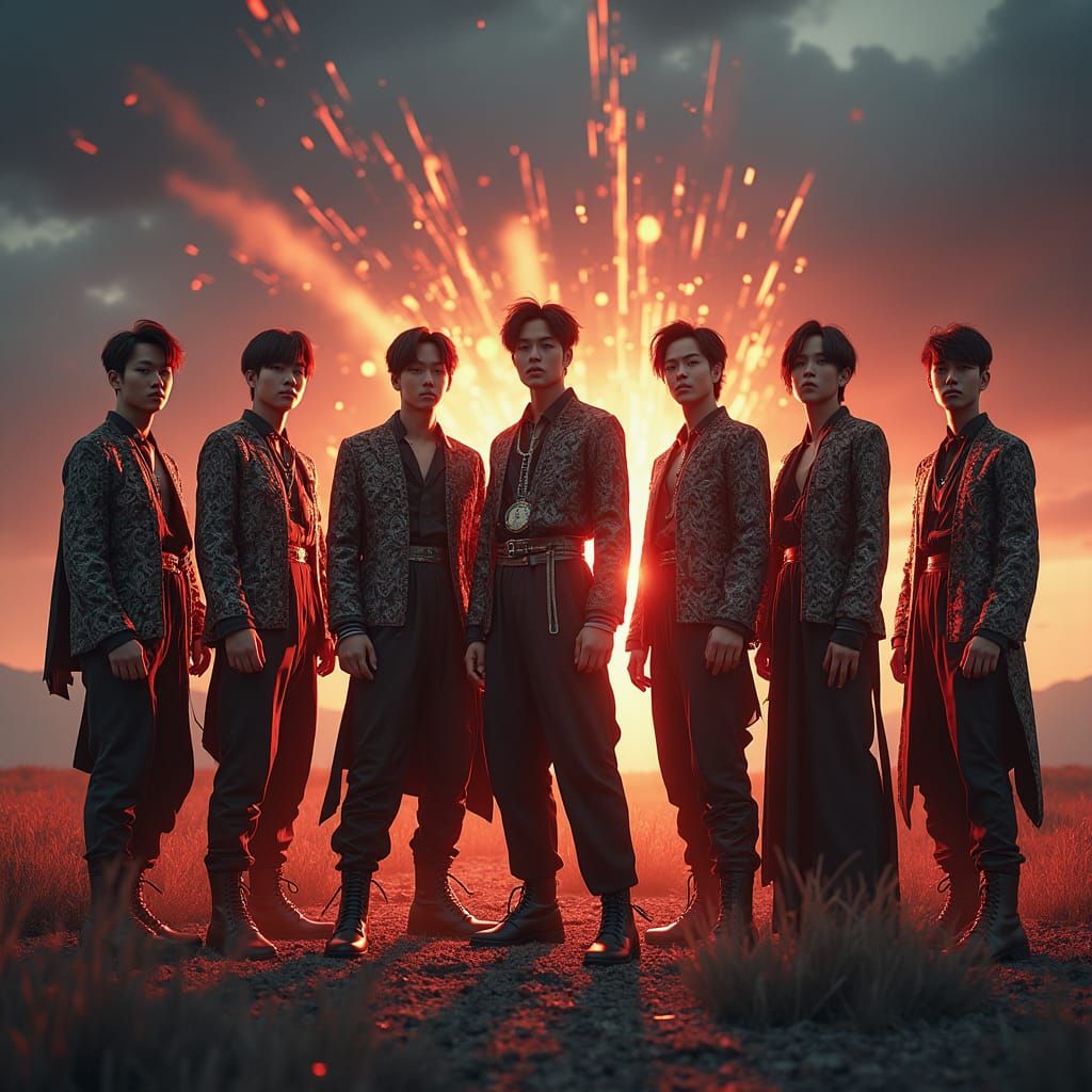 K-Pop Group in Mystical Landscape, Detailed Matte Painting