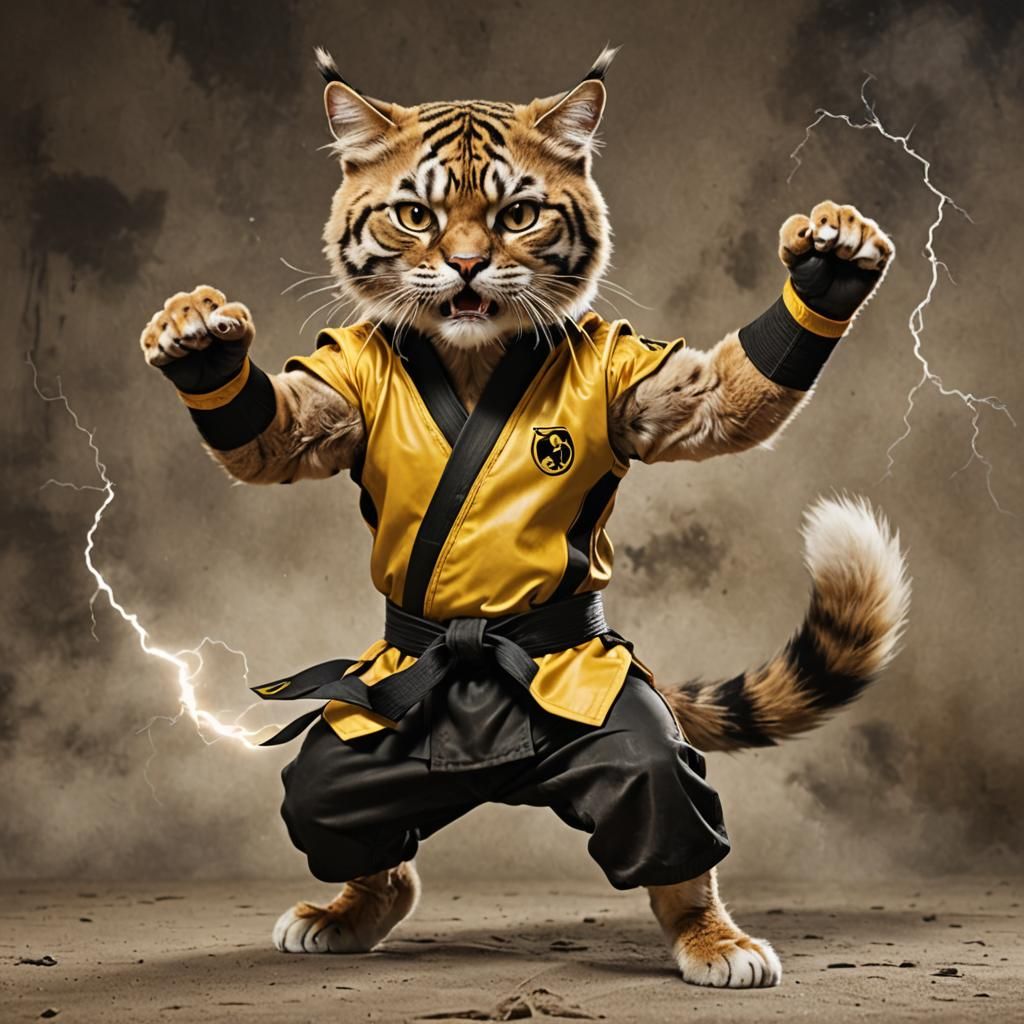 Muscular Cat Channels Bruce Lee in Fantasy Landscape