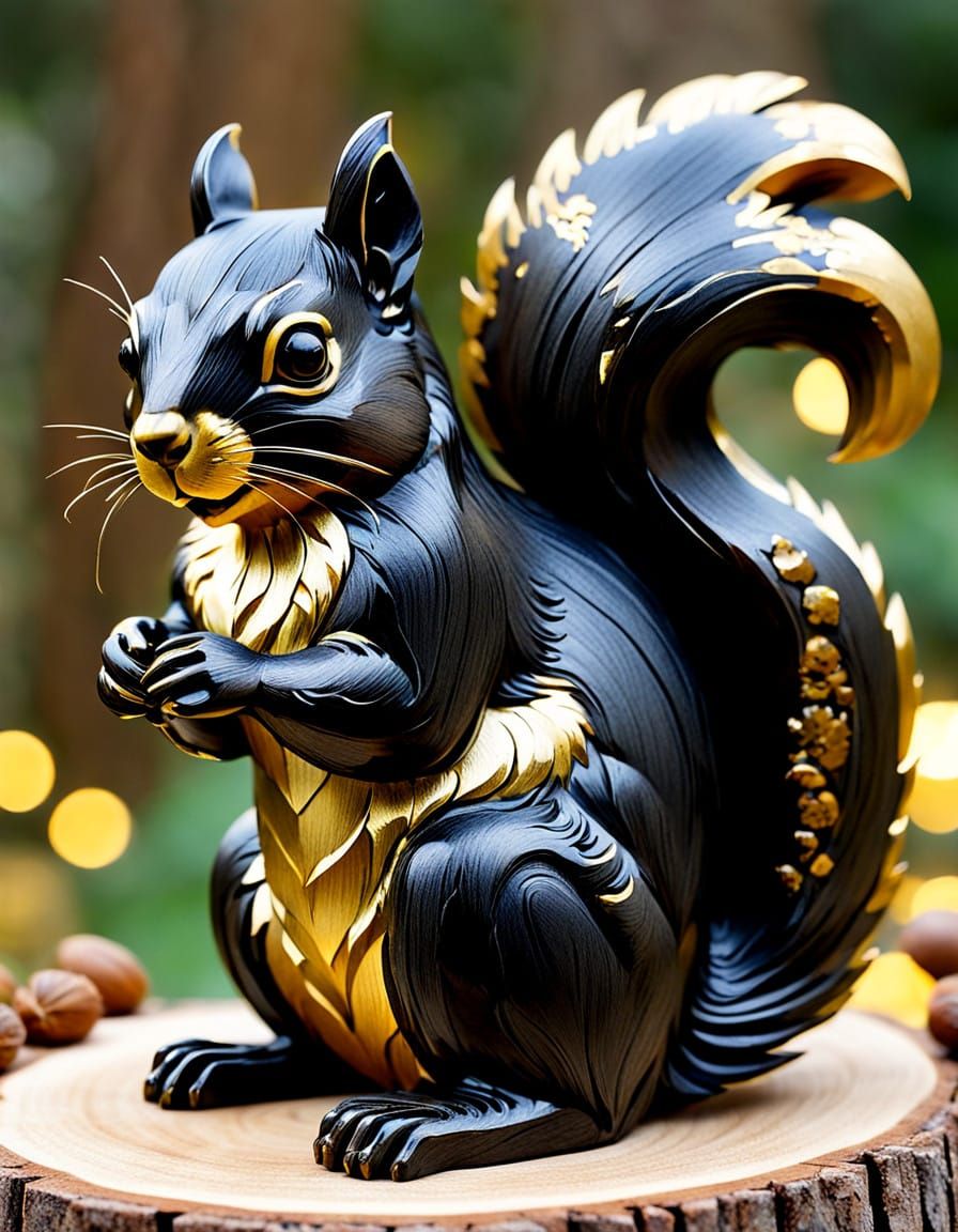 Golden Squirrel Wood Carving in Splendid Details