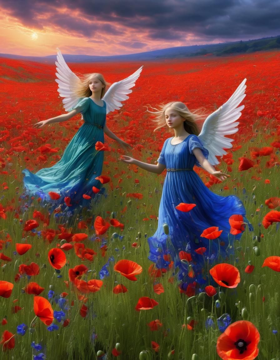 Angels in Scarlet Poppy Field with Blue Bells