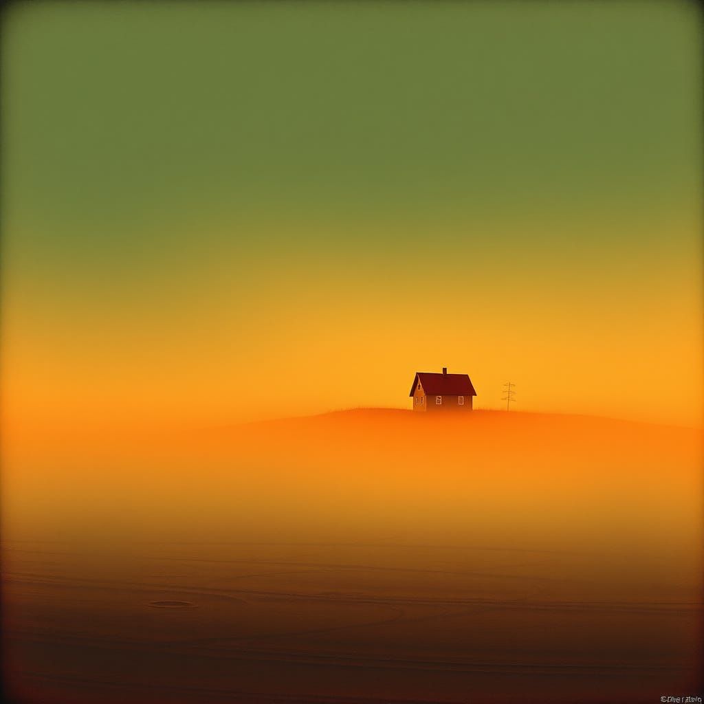 Crimson House in Desolate Landscape, Abstract Impressionism