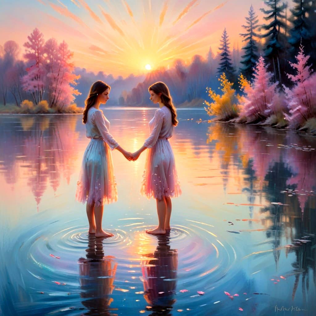 Surreal Portrait of Two Figures Standing Together in a Futur...