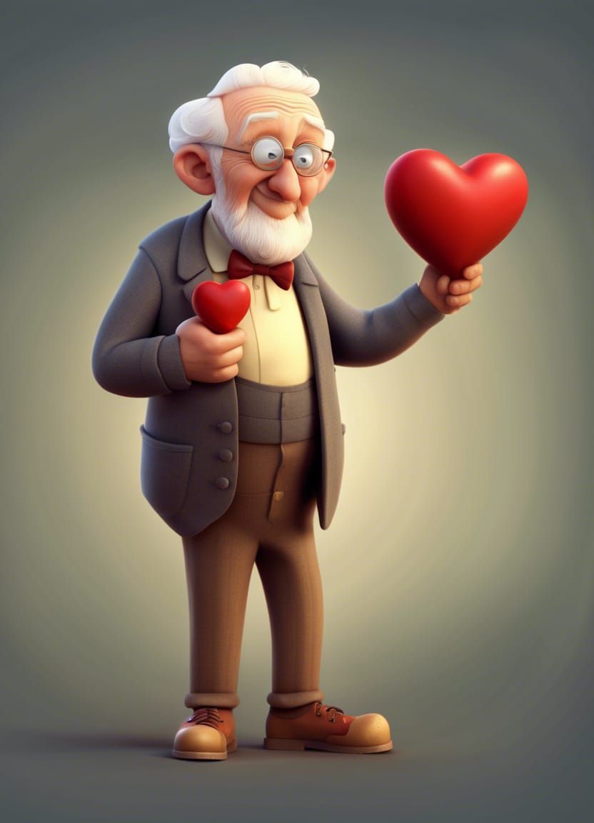 Cartoon Old Man Holding Heart Prize