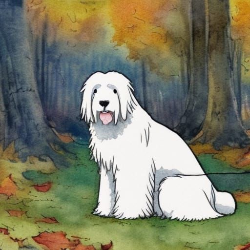 Old English Sheepdog in Autumnal Watercolor Landscape