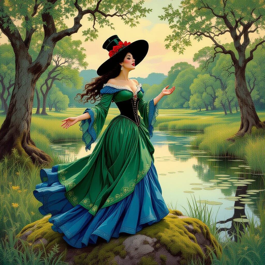 Voodoo Queen Sings in Meadow, in Art Nouveau Style