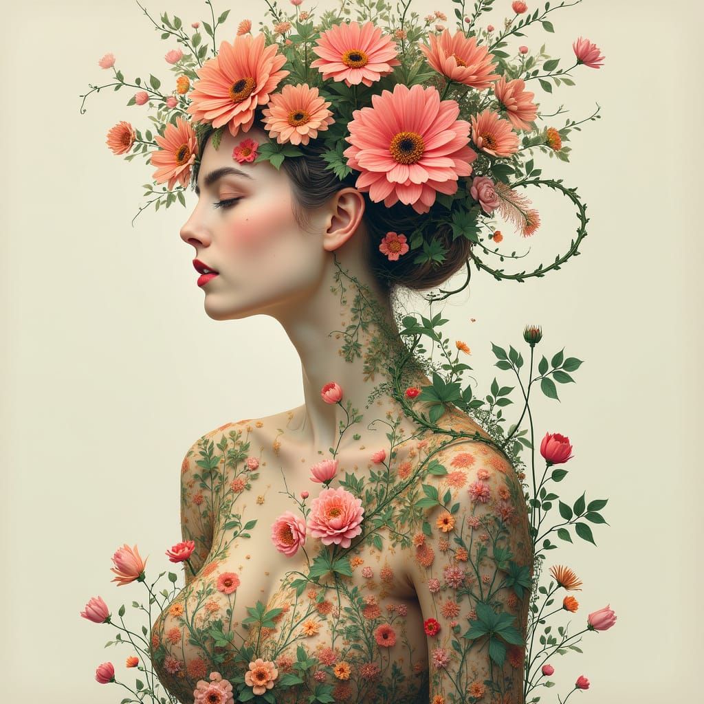 Woman Blooms from Floral Tapestry in Vibrant Colors