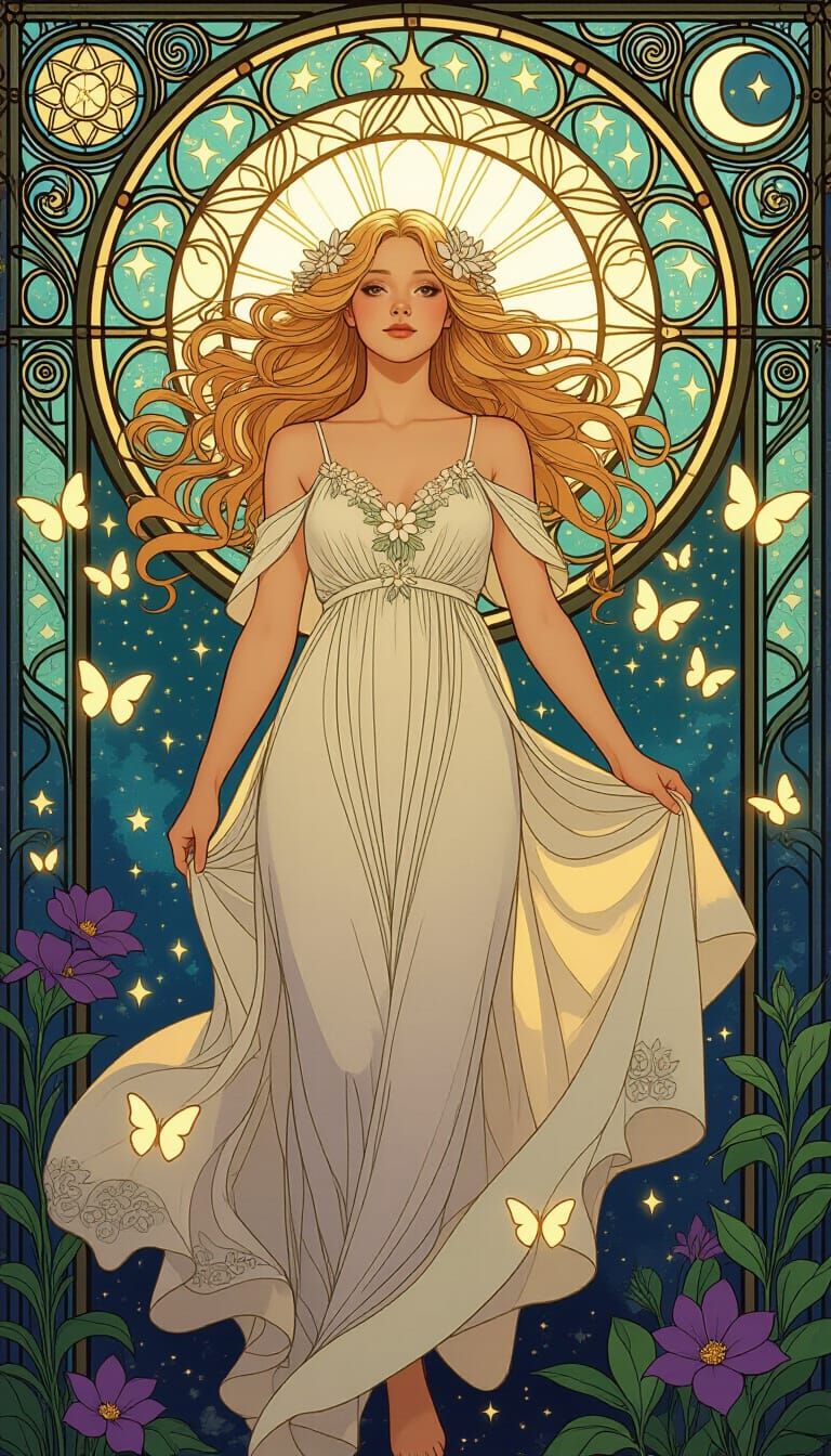 Celestial Goddess with Butterflies in Stained Glass Style