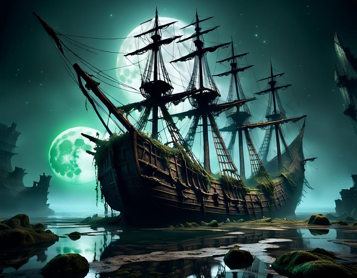Ruined Ship Sailing on a Dark Sea