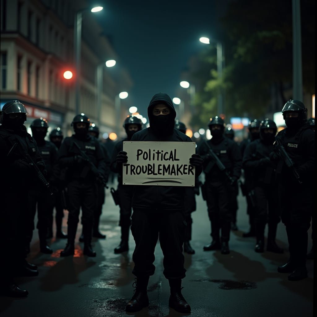 Defiant Protester Faces Police Line at Night