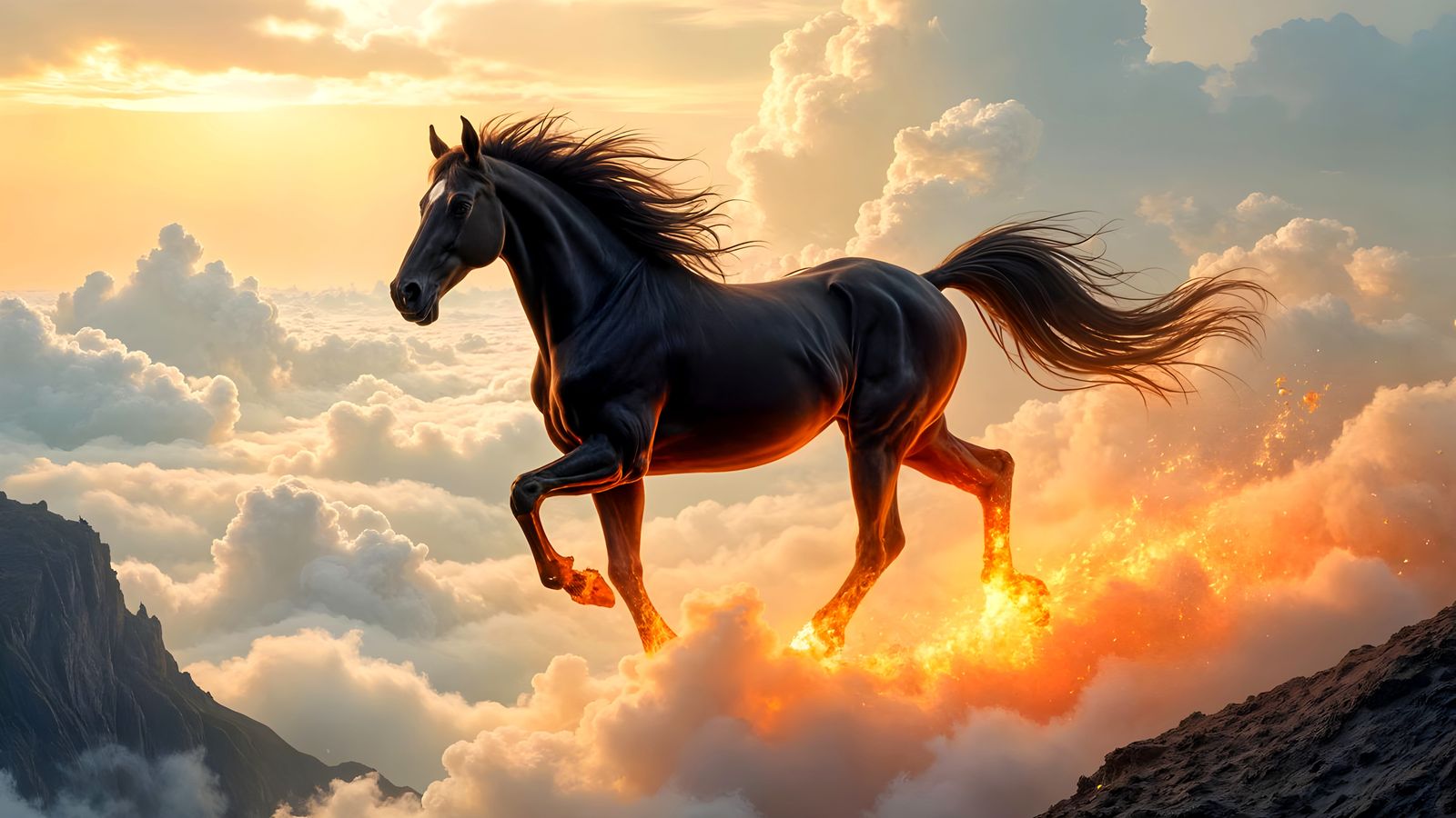 Ethereal Horse Charging Through Fiery Clouds in a Vivid Land...