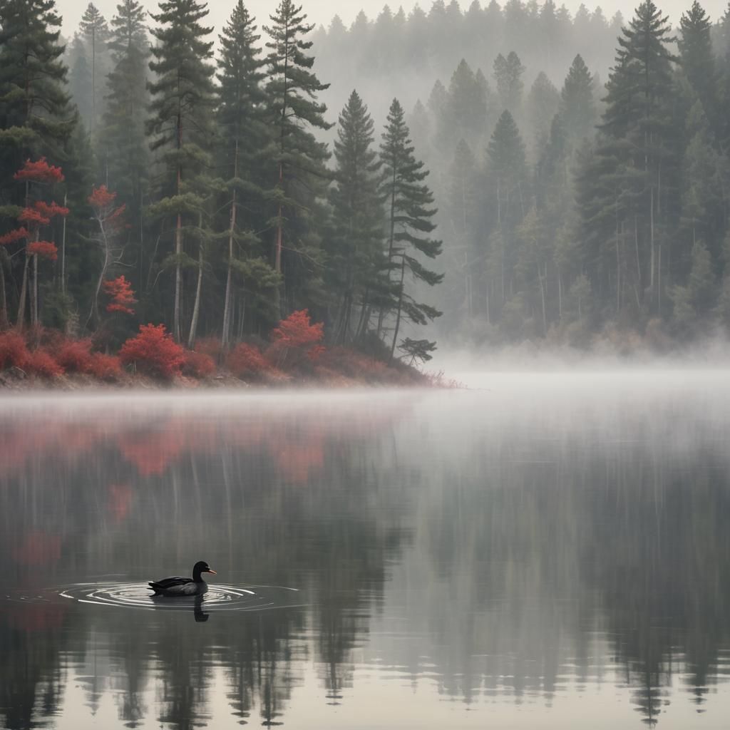 Misty Lake with Duck: Impressionistic Abstract Art