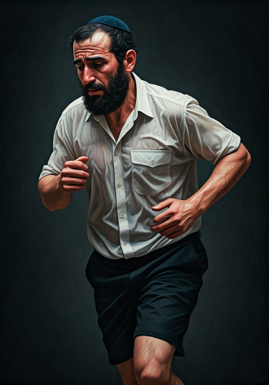 Tense Ultra-Orthodox Man in Mid-Stride