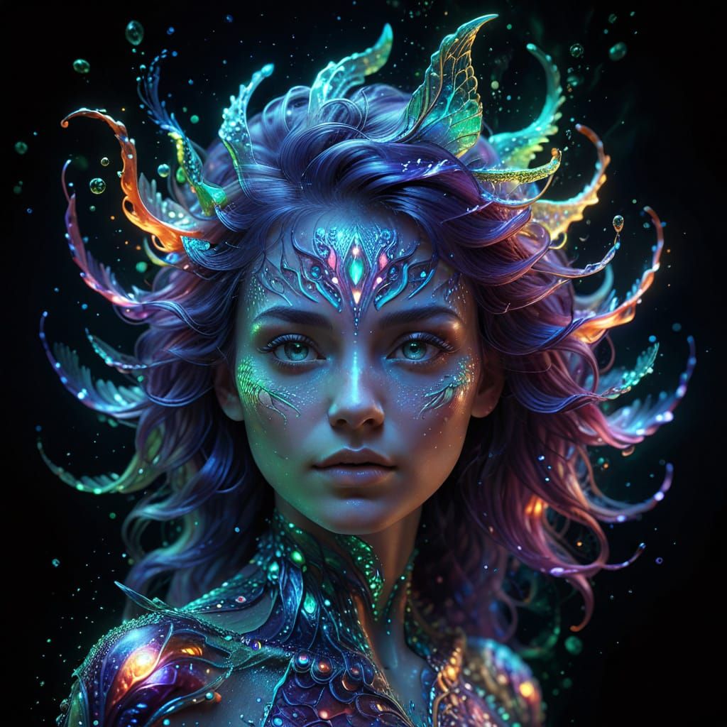 Ethereal Portrait with Iridescent Scales Amidst Swirling Mol...
