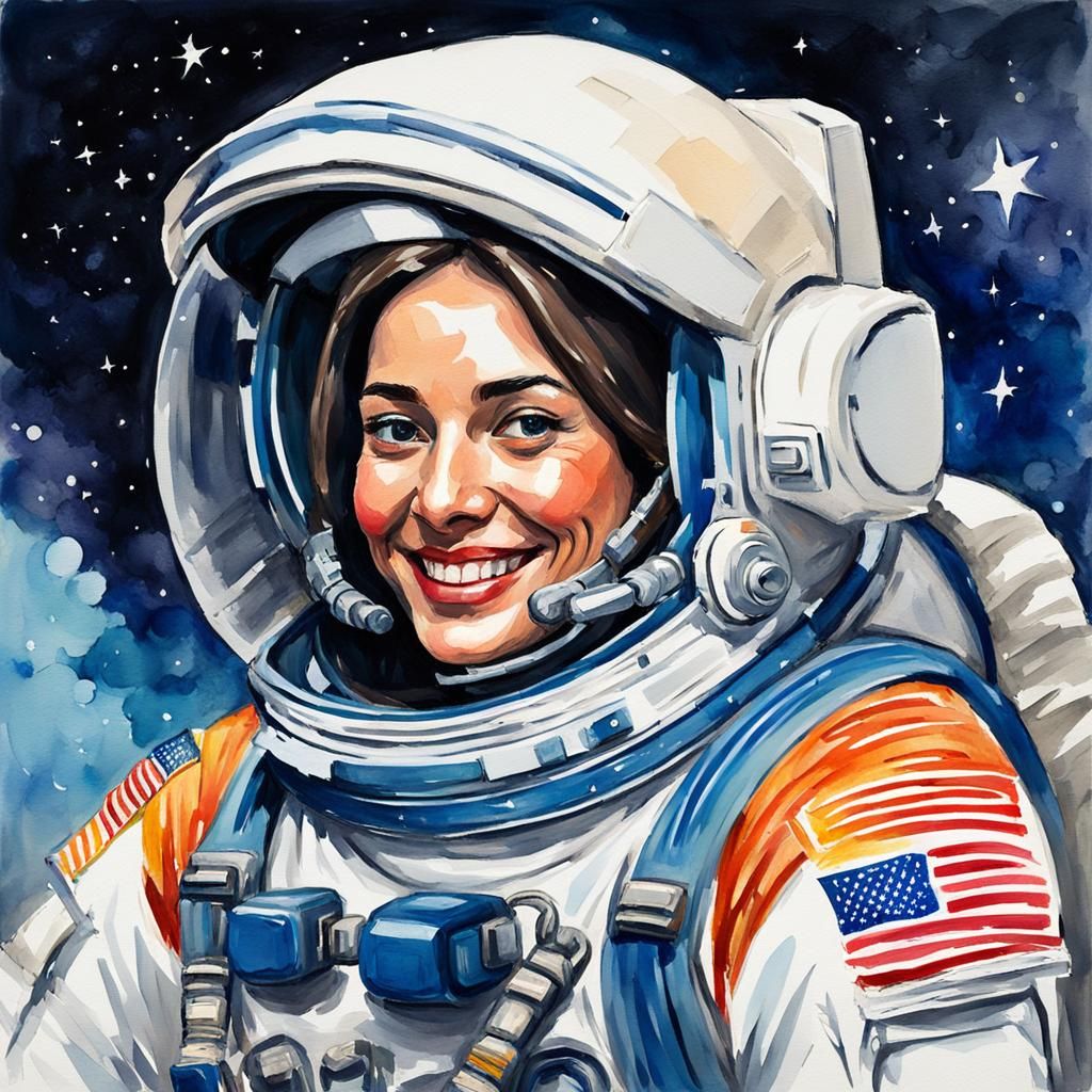 A female astronaut without a helmet, without flag in her suit waiting to board the spaceship smiling in Gouache Style, W...