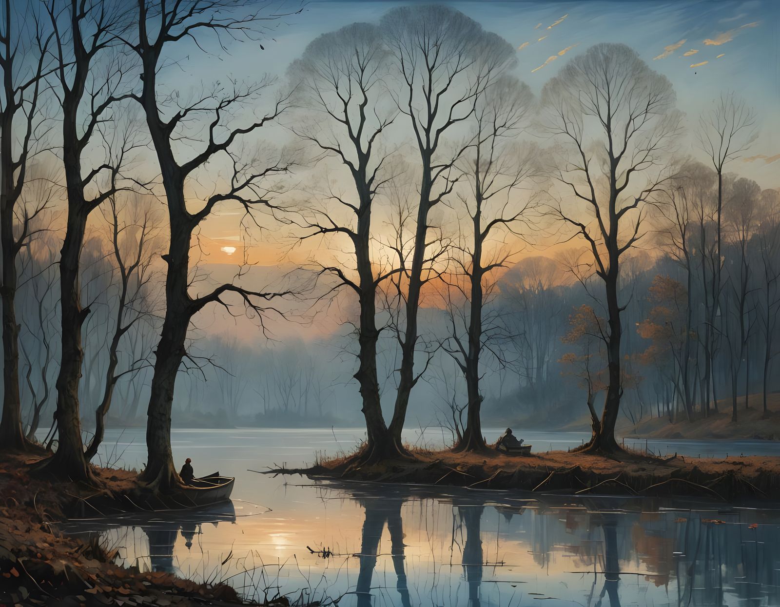 Misty Lake Dusk Inspired by Turner's Romanticism