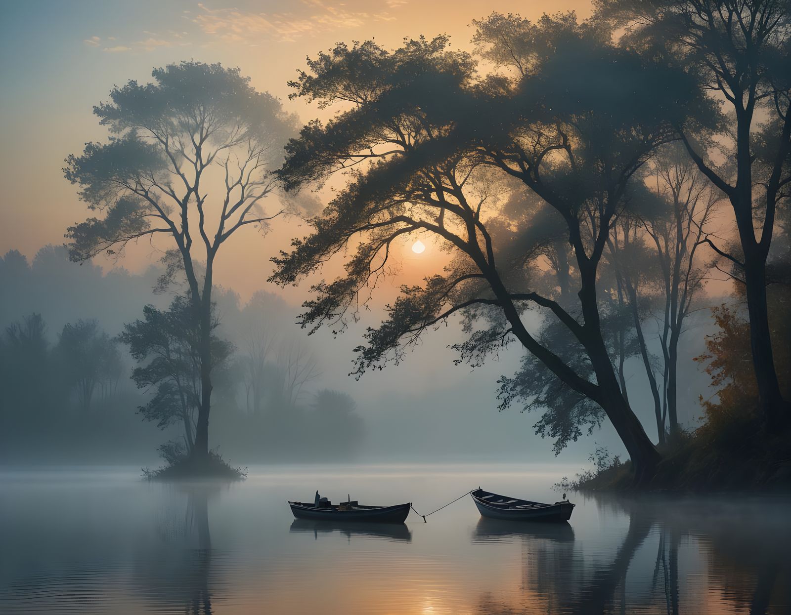 Ethereal Misty Lake Landscape in Romantic Style