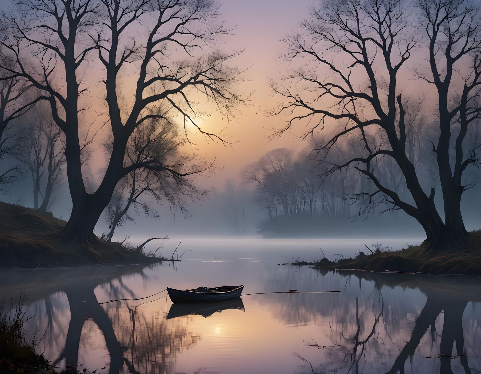 Ethereal Misty Lake Landscape in Romantic Style