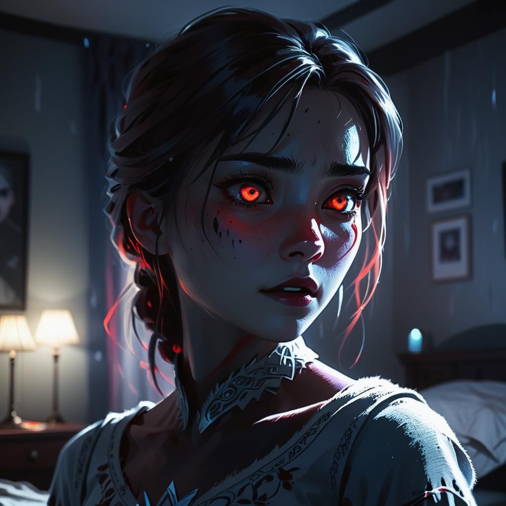 Eerie Dark Fantasy: Girl Sensing a Shadowy Presence