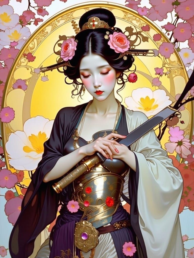 Ethereal Geisha Warrior in Art Nouveau Armor
