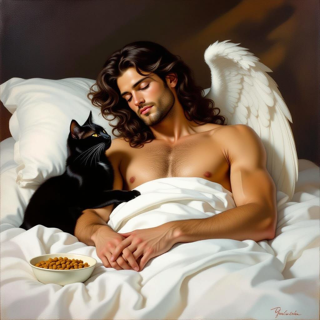 Angel Sleeping with Cat, Baroque Oil Painting Style