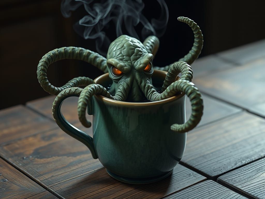 Grotesque Cthulhu Emerges from Coffee Mug in Hyper-Realistic...