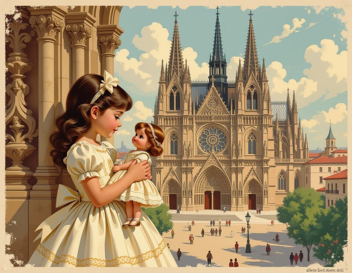 Girl with Doll at Madrid Cathedral, Vintage Style