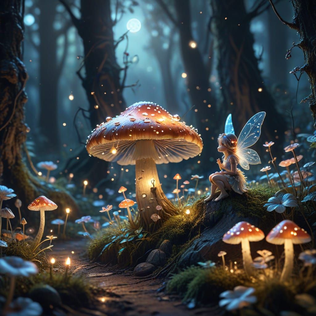 Enchanted Forest Fairy Hiding in Mushroom: Digital Art
