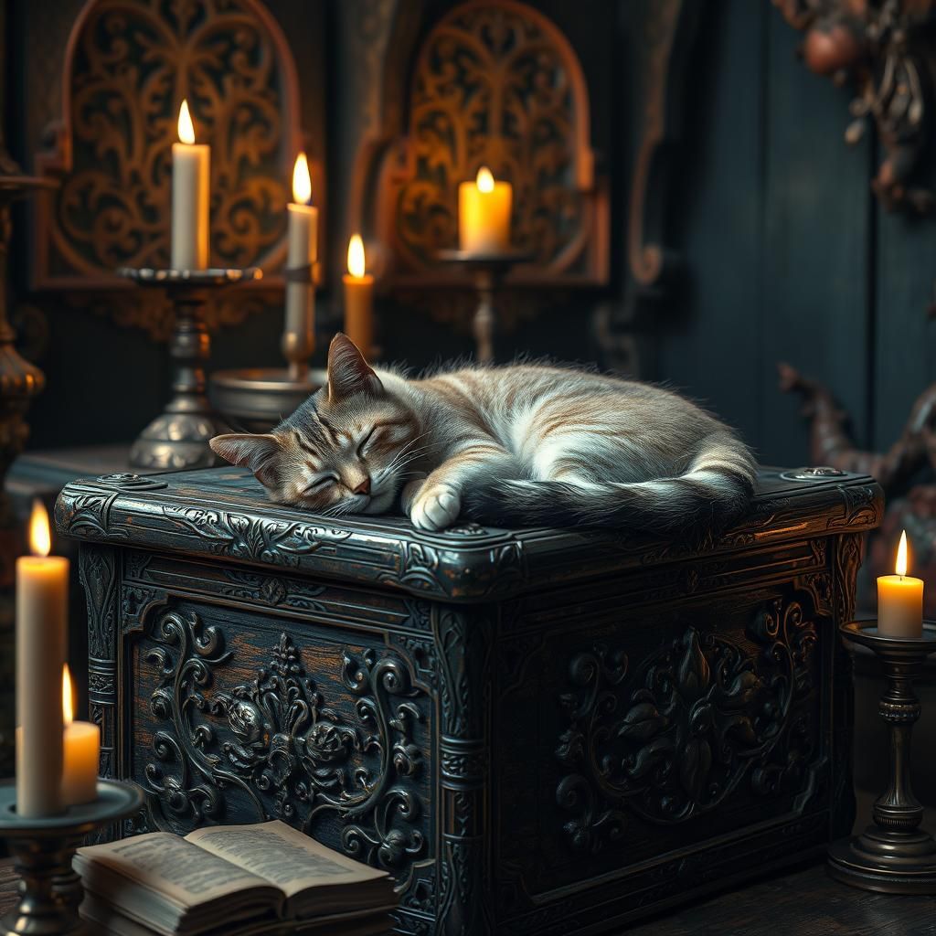 Mystical Cat Nap on Ornate Chest