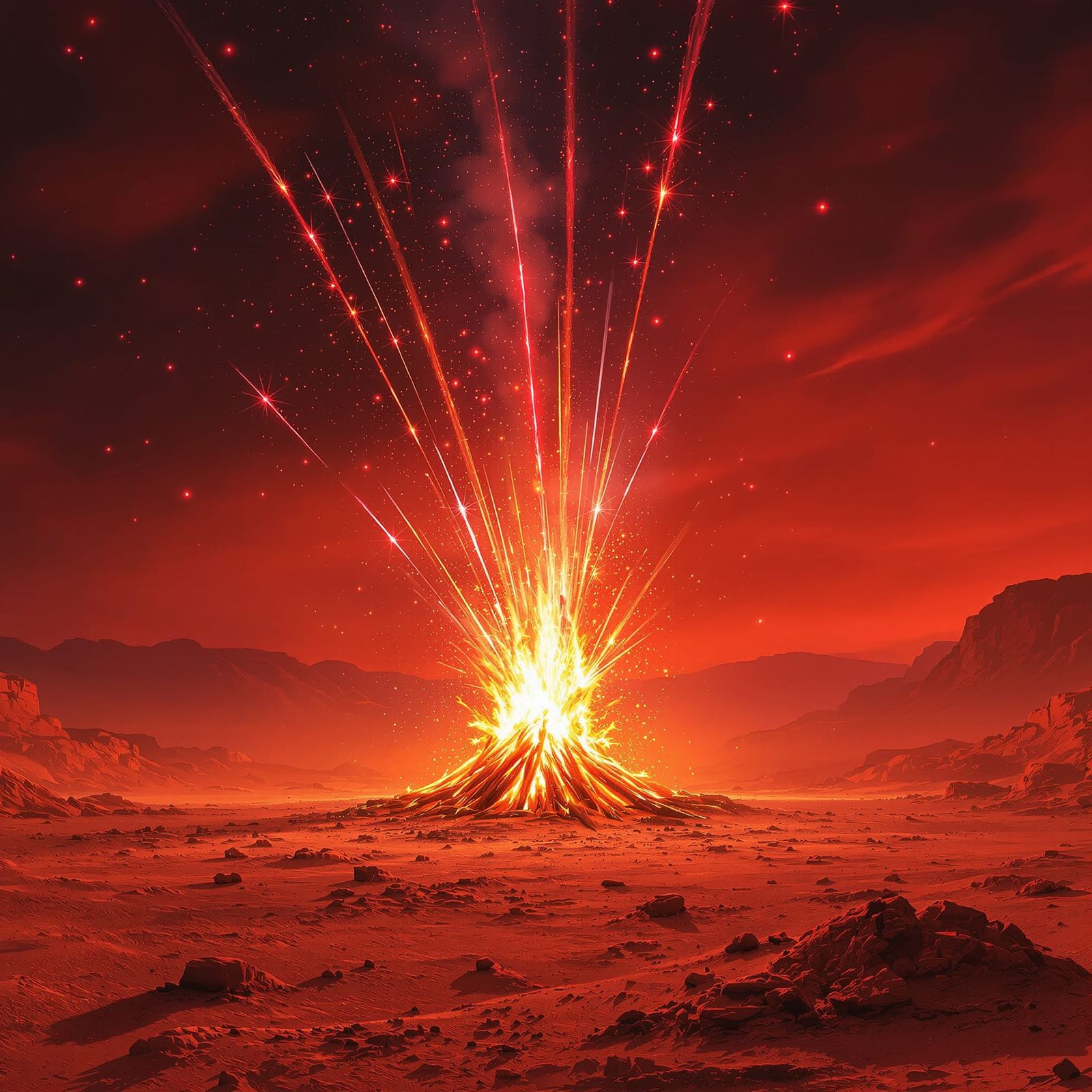 Bonfire Night on Mars with Fireworks and Martian Sunset