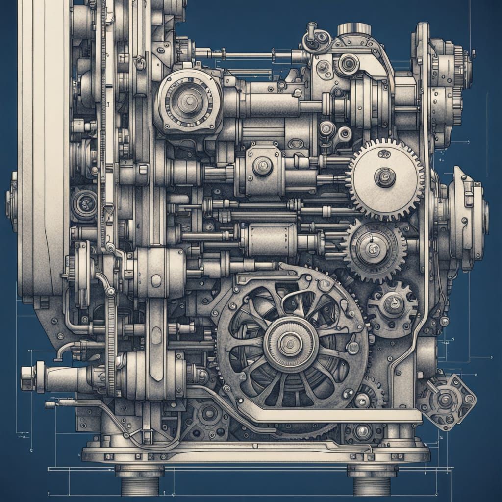Detailed Engine Schematic in Monochromatic Blue