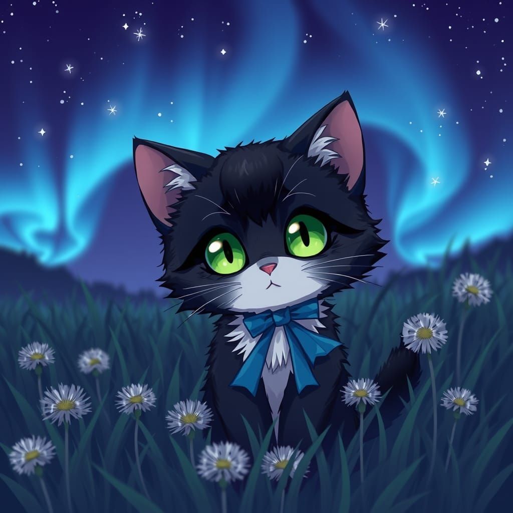 Adorable Fluffy Cat Under Starry Night Sky