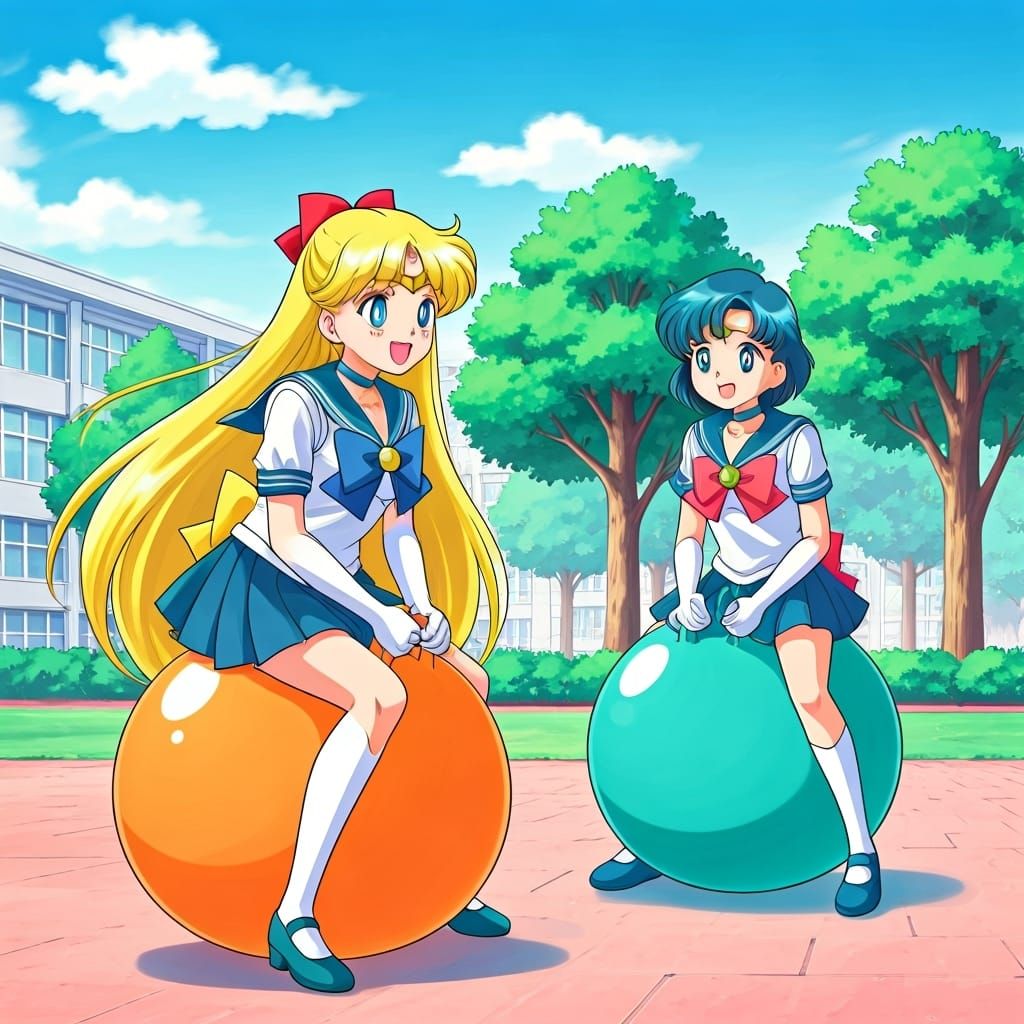 Sailor Scouts Bouncing on Hopper Balls in Schoolyard
